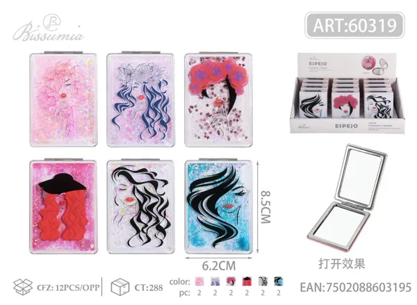 pequeño espejo doble plegable rectangular con diseño de mujer de pelo largo 8.5*6.2cm