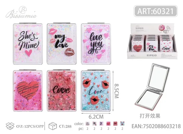 pequeño espejo doble plegable rectangular con diseño LOVE 8.5*6.2cm