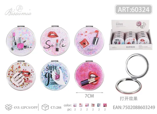 pequeño espejo doble plegable circular con diseño de lápiz labial 7.0cm