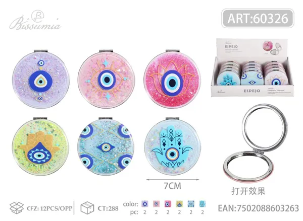 pequeño espejo doble plegable circular con diseño de ojos azules 7.0cm