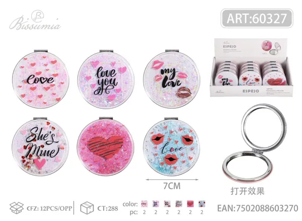 pequeño espejo doble plegable circular con diseño LOVE 7.0cm