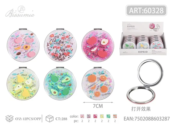 pequeño espejo doble plegable circular con diseño de frutas 7.0cm