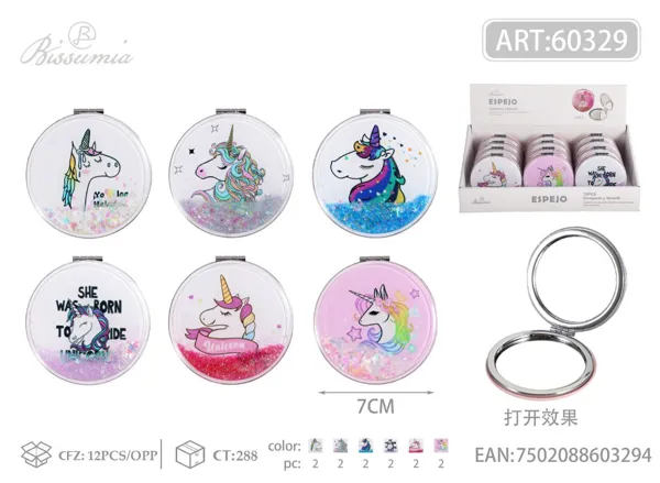 pequeño espejo doble plegable circular con diseño de unicornio 7.0cm