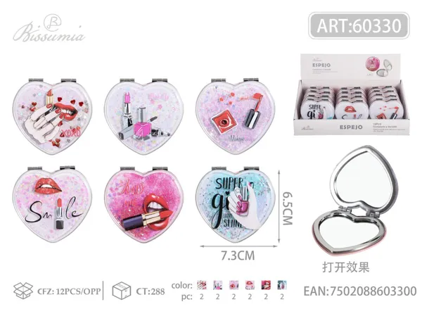 pequeño espejo doble plegable con forma de corazón con diseño de lápiz labial 7.3*6.5cm