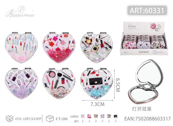 pequeño espejo doble plegable con forma de corazón con diseño de maquillaje 7.3*6.5cm