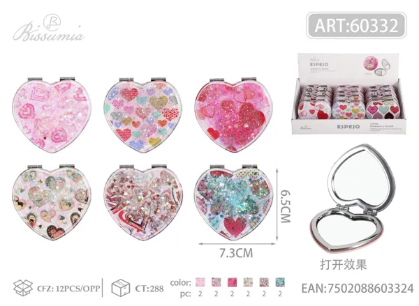 pequeño espejo doble plegable con forma de corazón con diseño de corazón 7.3*6.5cm
