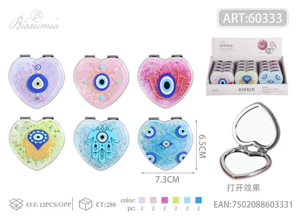 pequeño espejo doble plegable con forma de corazón con diseño de ojos azules 7.3*6.5cm