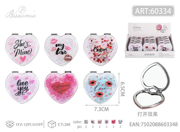 pequeño espejo doble plegable con forma de corazón con diseño LOVE 7.3*6.5cm