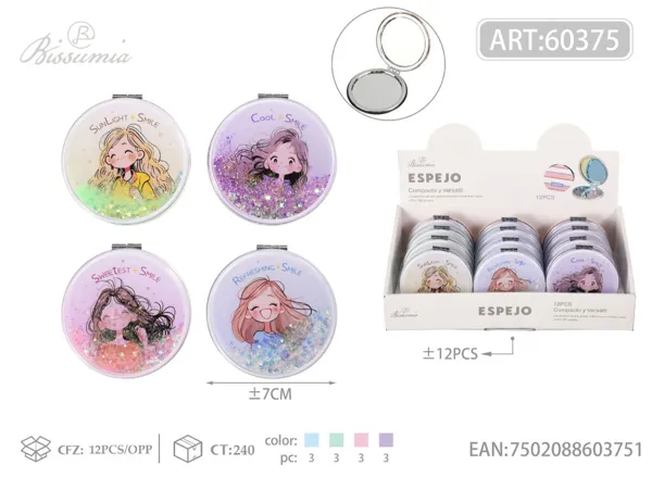 espejo doble circular 7*7cm con diseño de niña con purpurina