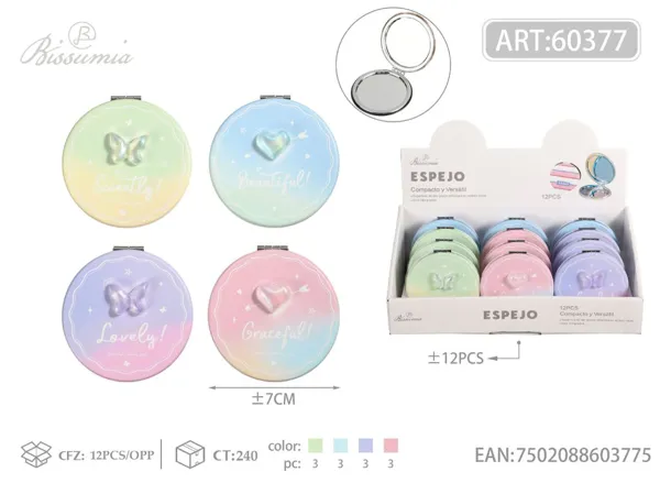 espejo doble circular 7*7cm con diseño de mariposa iridiscente