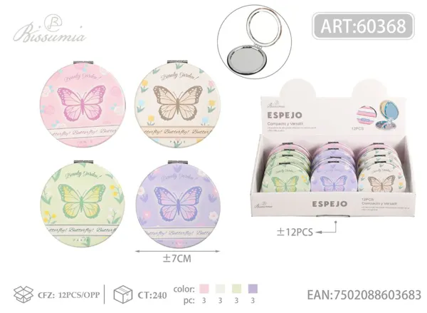 espejo doble circular 7*7cm con diseño de mariposa