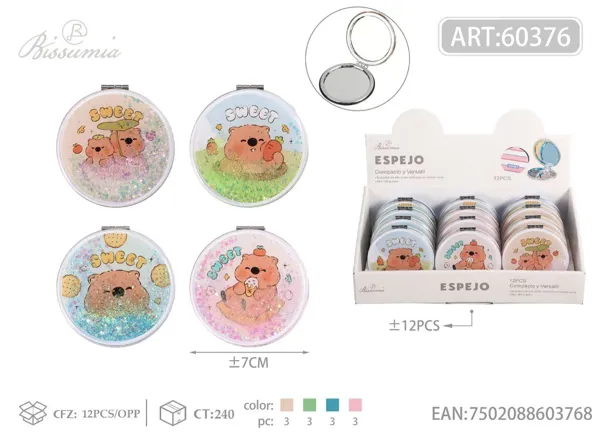 Espejo doble cara redondo de 7*7cm con arena en movimiento y diseño de marmota
