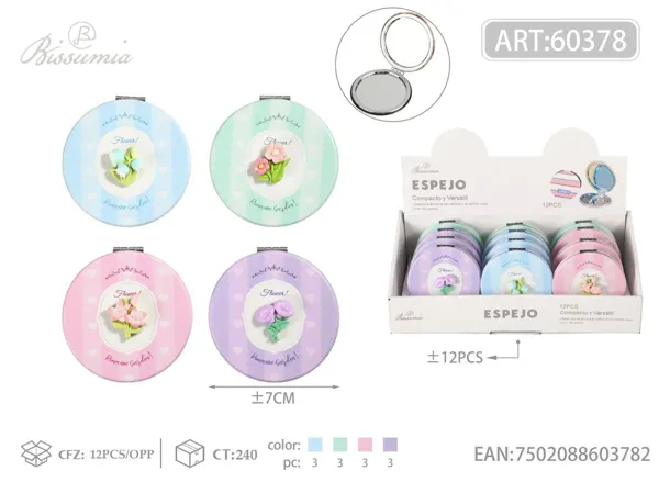 Espejo doble cara redondo de 7*7cm con diseño de flores
