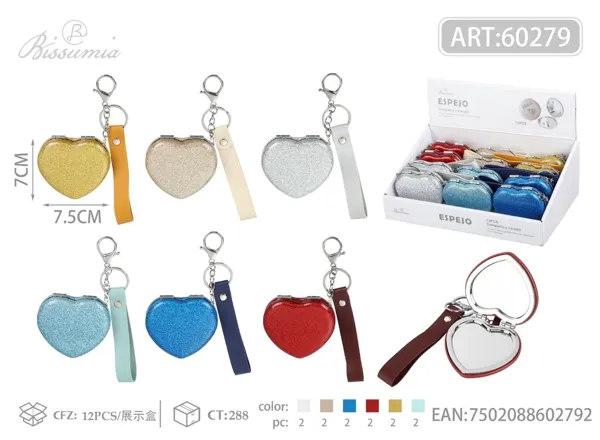 Espejo doble cara con forma de corazón y purpurina 7.5cm