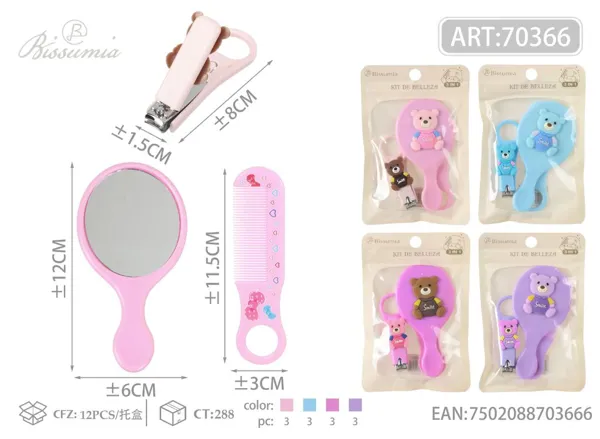 Set de 3 piezas de diseño animado: espejo 12*6cm, peine 12*2.8cm, cortaúñas 8*2.5cm No.2