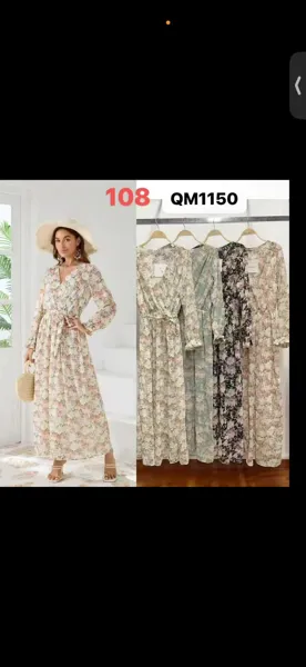 Vestido largo floral estilo bohemio con cuello en V-QM1150