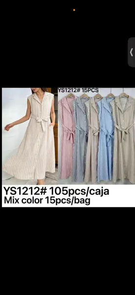 Vestido camisero largo de rayas sin mangas con cinturón-YS1212