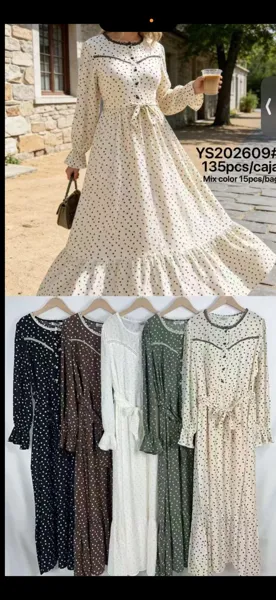 Vestido largo de lunares con cinturón y volantes-YS202609