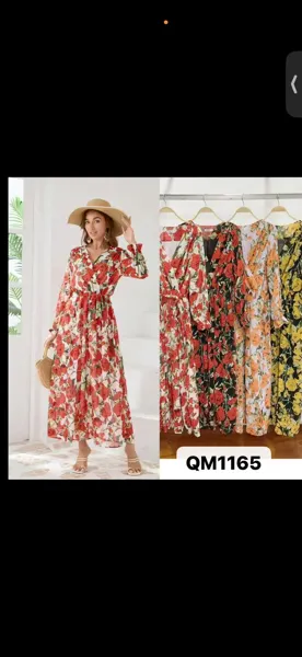 Vestido largo floral con escote en V-QM1165
