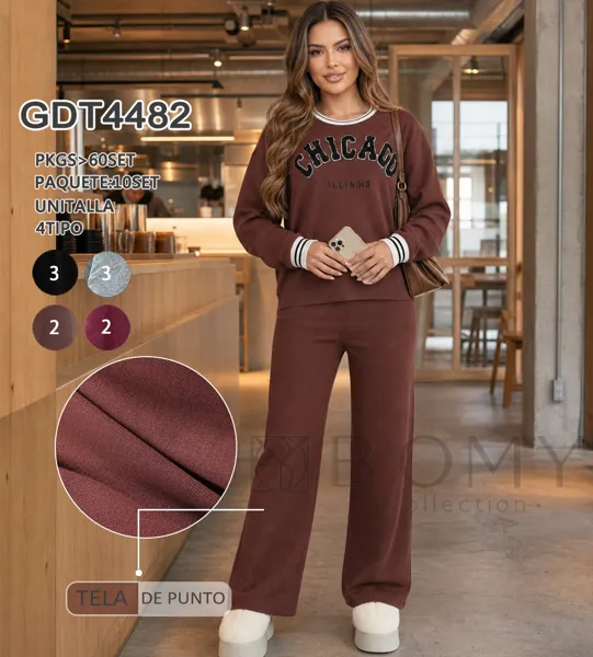 Conjunto de sudadera de punto con cuello redondo y pantalones anchos-GDT4482