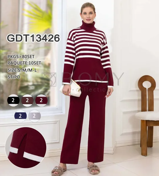 Conjunto de suéter de cuello alto a rayas y pantalón ancho-GDT13426