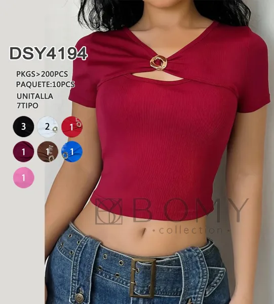 Top crop acanalado con anillo decorativo-DSY4194
