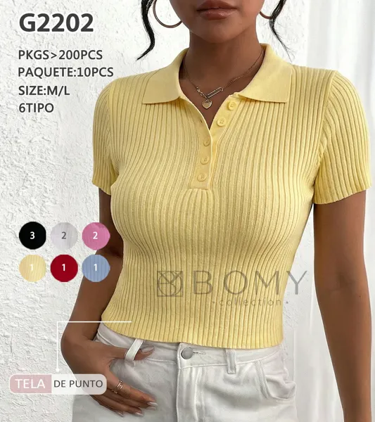 Top de punto acanalado con cuello polo y manga corta-G2202