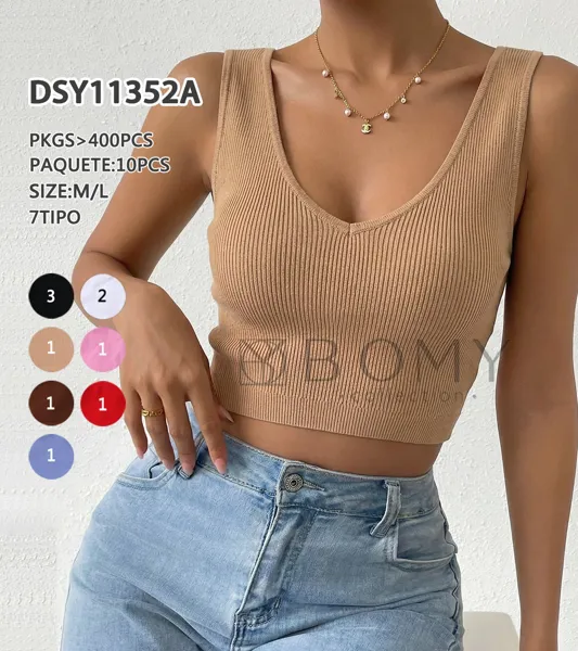 Top de punto de canalé sin mangas con cuello en V-DSY11352A
