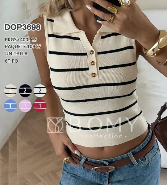 Top de punto sin mangas con cuello tipo polo y rayas-DOP3698