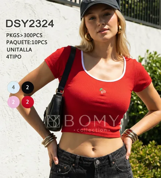 Crop Top de manga corta acanalado con bordado de cerezas-DSY2324