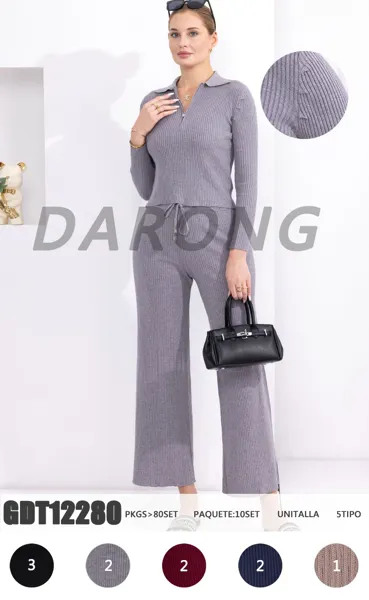 Conjunto de dos piezas de punto acanalado con top de cremallera y pantalón palazzo-GDT12280