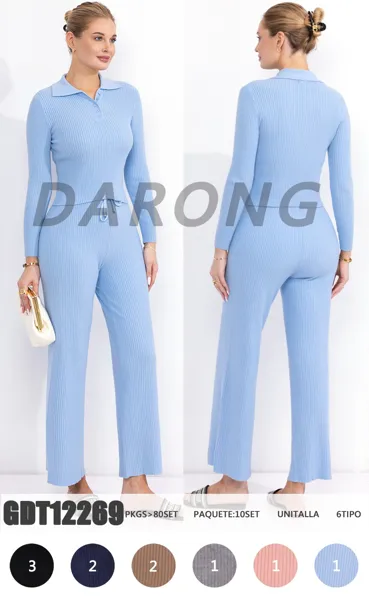 Conjunto de Suéter Polo de Manga Larga y Pantalones de Punto Acanalado-GDT12269