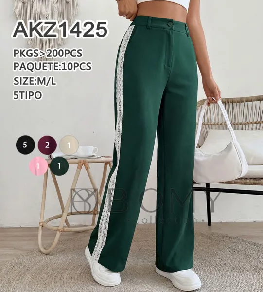 Pantalón de mujer con detalle de encaje lateral-AKZ1425