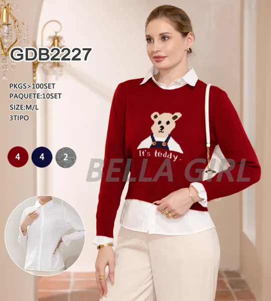 Suéter de cuello redondo con diseño de oso teddy-GDB2227