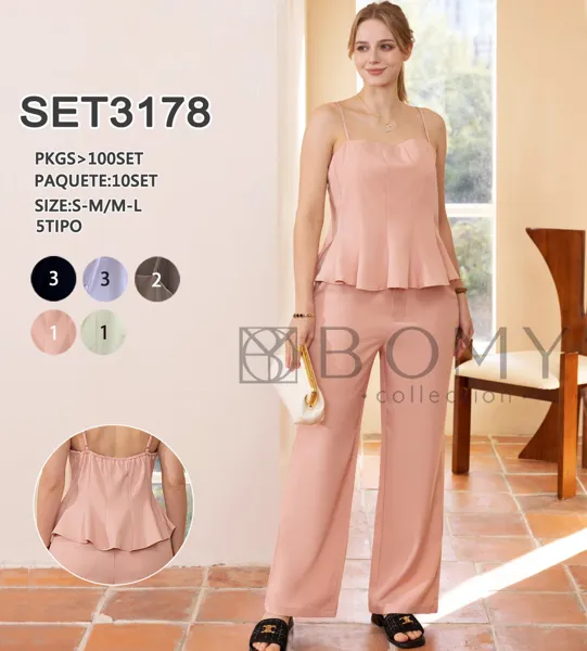 Conjunto de top de sisas con peplum y pantalón recto-SET3178