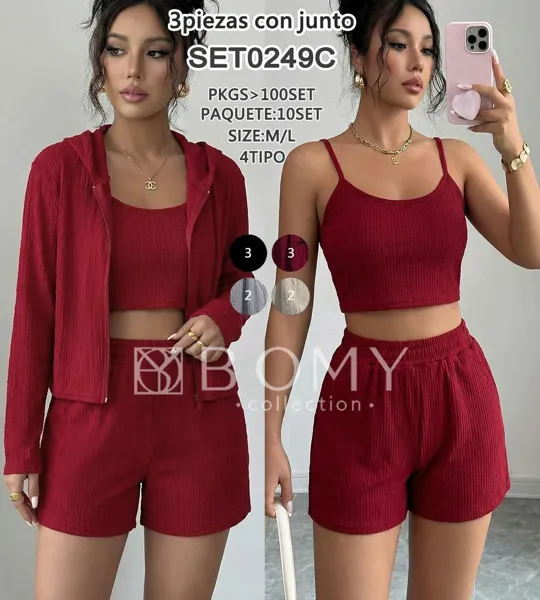 Conjunto de 3 piezas: Chamarra con capucha, top y shorts-SET0249C