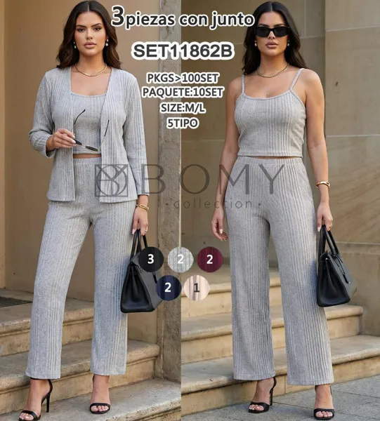 Conjunto top de tirantes, pantalón y suéter-SET11862B