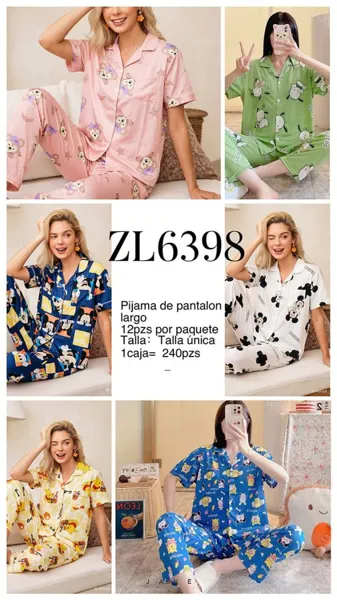 Pijama de pantalón largo con estampado de caricaturas-ZL6398