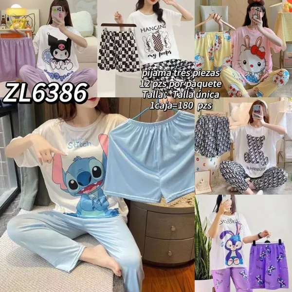 Pijama de tres piezas con estampados de personajes-ZL6386