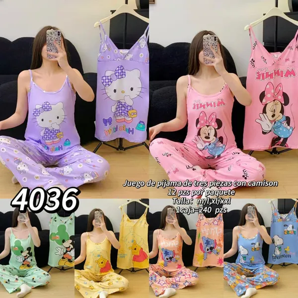 Pijama de tres piezas con camisón-4036
