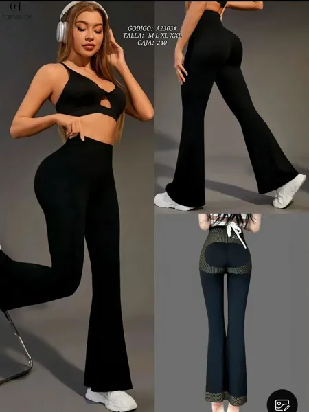 Pantalones deportivos acampanados de cintura alta-A2303