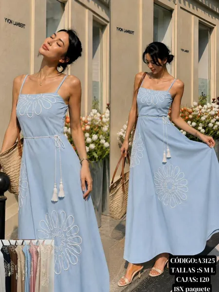 Vestido largo con tirantes y bordado floral-A3125