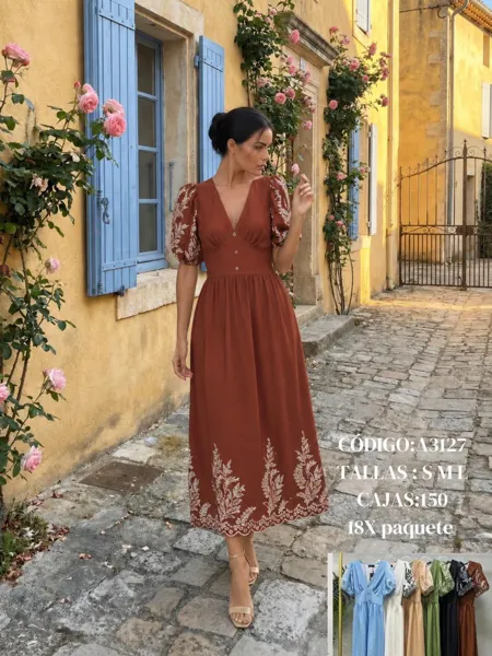 Vestido con mangas abullonadas y bordado en el dobladillo-A3127