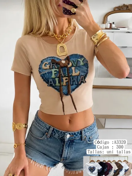 Crop top estampado de corazón con detalle de cordones-A3320
