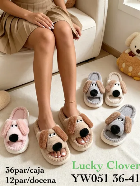 Pantuflas de peluche con diseño de perro-YW051