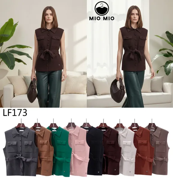 Chaleco de cuello camisero con cinturón-LF173