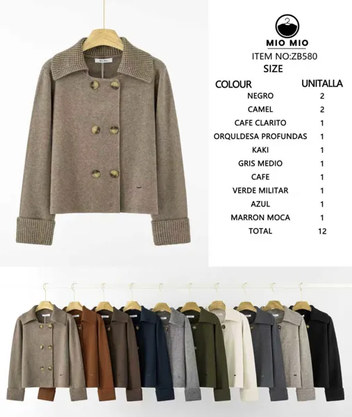 Abrigo cruzado con cuello y puños de contraste-ZB580
