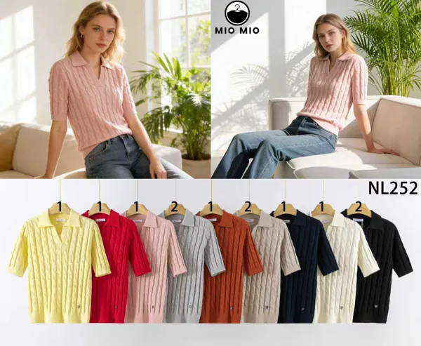 Blusa trenzado de manga corta con cuello tipo polo-NL252