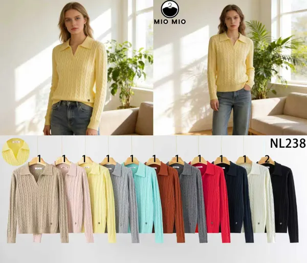 Suéter de punto trenzado con cuello polo en V-NL238
