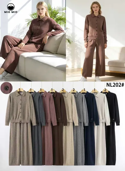 Conjunto de cárdigan con cuello y pantalón ancho de punto-NL202